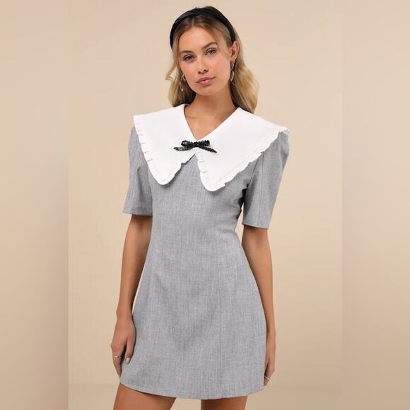 Sister Jane NWT Heron Gray Mini Dress Oversized Collar w/ Beaded Bow M - Picture 1 of 11